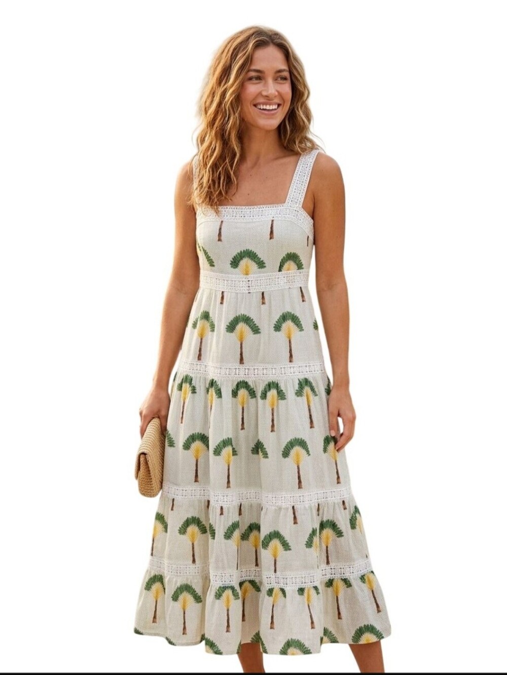 Calypso St.  Barth NWT Tropical Palm Tree Crochet Lace Tiered Maxi Dress Size L